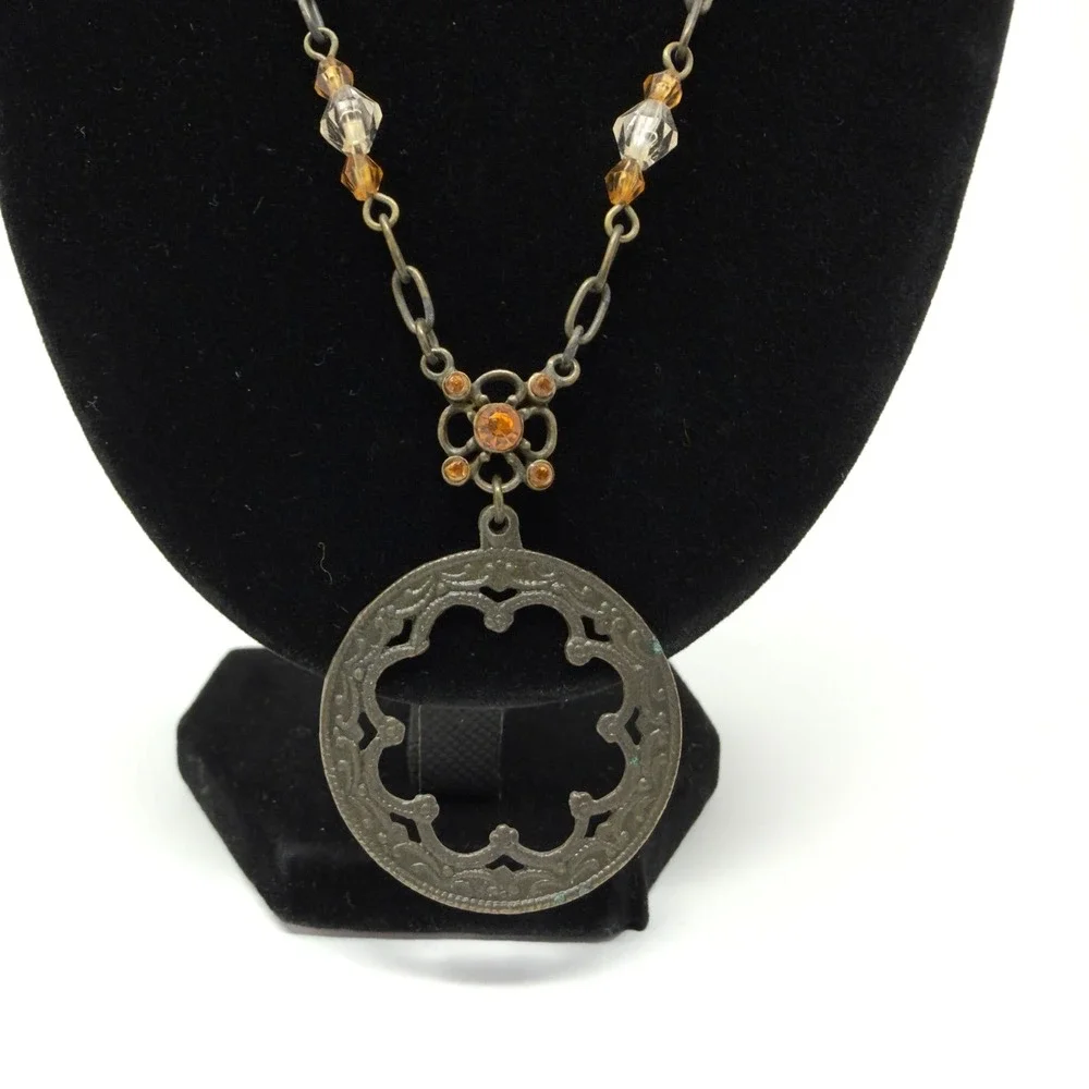 Vintage NY Pendant Beaded Necklace Amber Crystal‎ Boho 10.5 Inch